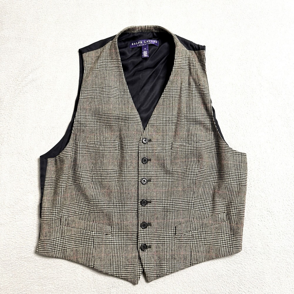 Ralph Lauren‎ Purple Label Vest Womens 14 Brown Plaid Wool Silk Preppy Classic